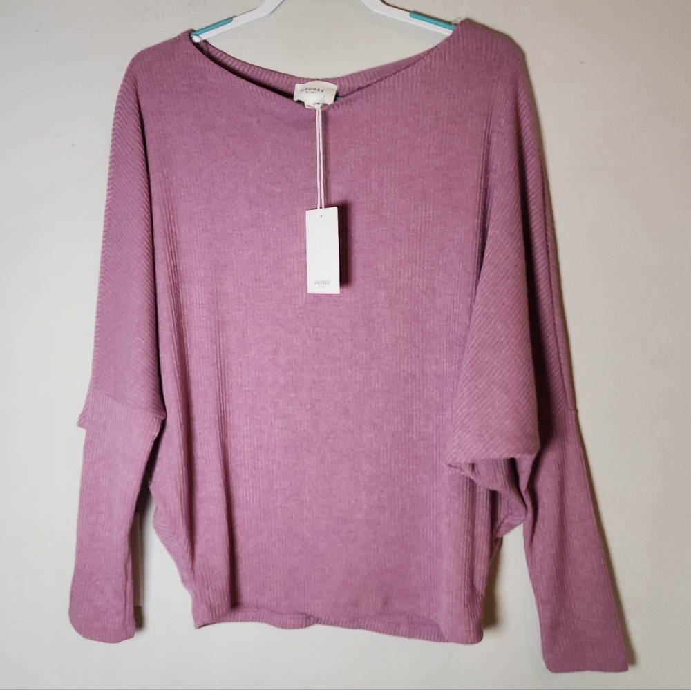 NWT Andree By Unit Stretchy Ribbed Knit Drop Shoulder Batwing Purple Sweater L